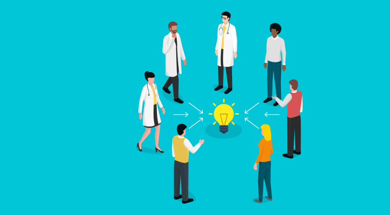 Scientists, physicians and community members standing in a circle all pointing towards a light bulb